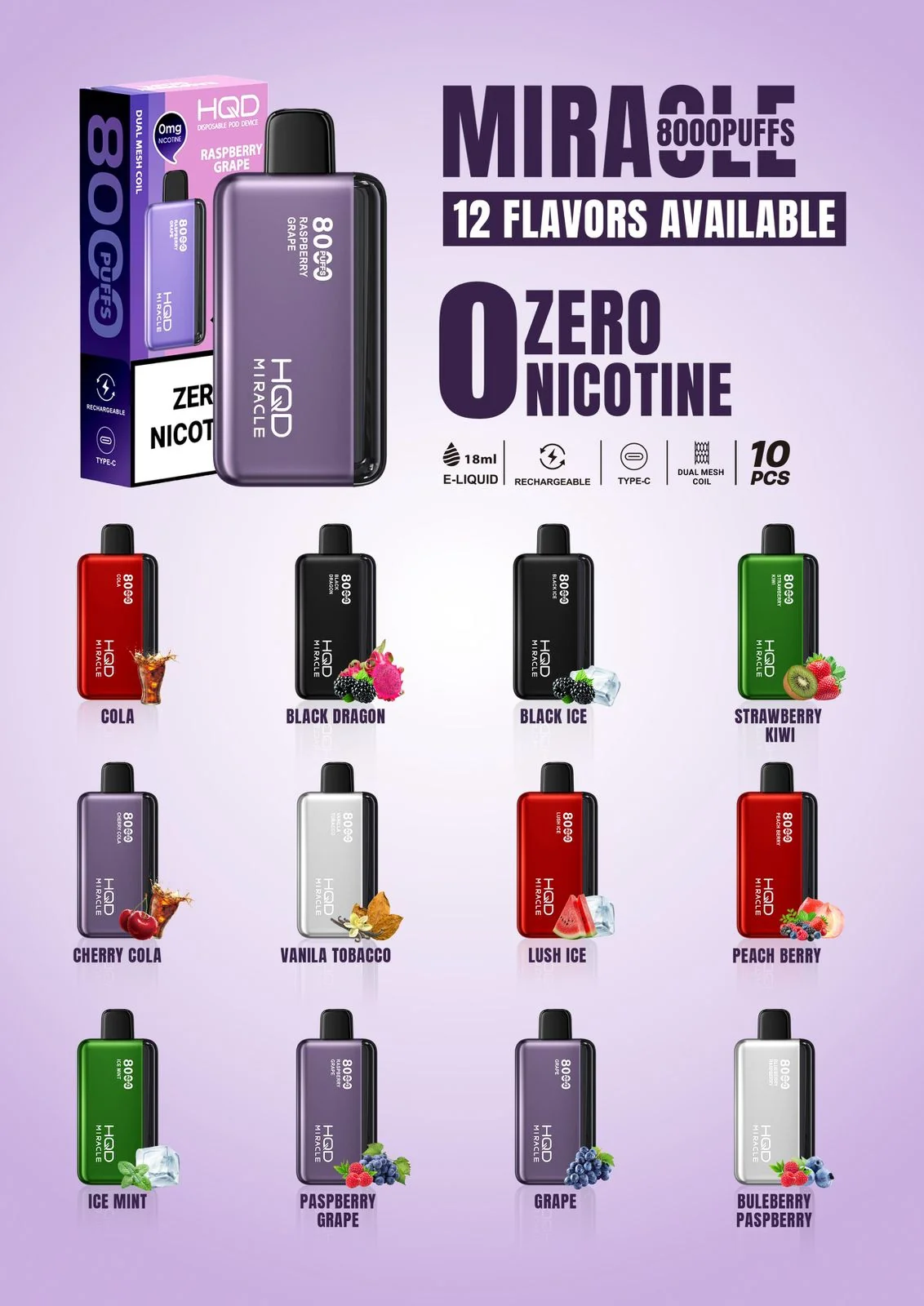 Vendor: HQD HQD Miracle 8000 Puffs Zero Nicotine Disposable Vape